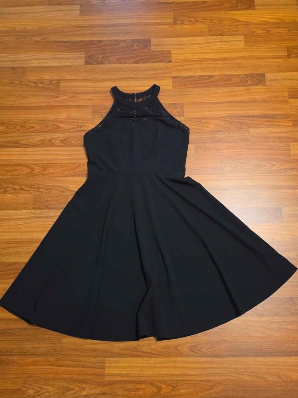 Black Halter Mini Dress with Lace Yoke